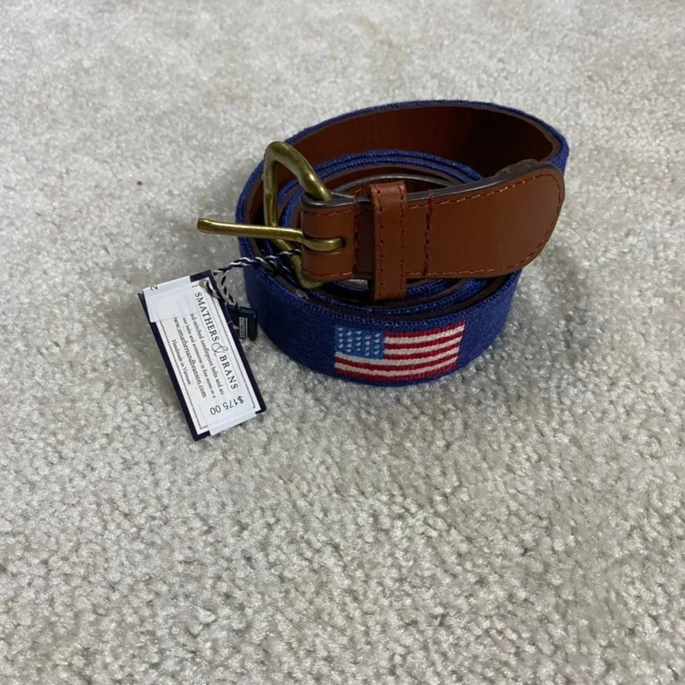Smathers & Branson Belt Mens 40 American Flag Needlepoint Navy Leather NIB